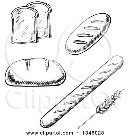 Clipart of Black and White Sketched Toast, Bread and Wheat - Royalty Free Vector Illustration by Vector Tradition SM