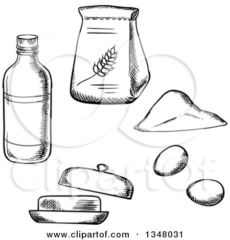 Clipart of a Black and White Sketched Bag of Flour, Bottle, Eggs and Butter - Royalty Free Vector Illustration by Vector Tradition SM