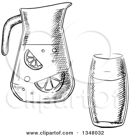 Clipart of a Black and White Sketched Glass and Pitcher of Lemonade - Royalty Free Vector Illustration by Vector Tradition SM