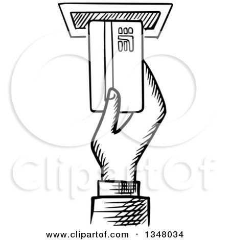 Clipart of a Black and White Sketched Hand Inserting a Card in to an Atm Machine - Royalty Free Vector Illustration by Vector Tradition SM