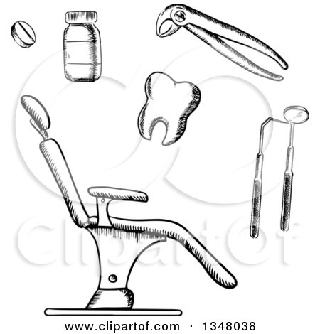 Clipart of a Black and White Sketched Dental Chair, Tools, Medicine, and Tooth - Royalty Free Vector Illustration by Vector Tradition SM