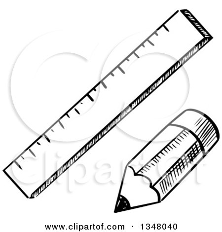 Clipart of a Black and White Sketched Pencil and Ruler - Royalty Free Vector Illustration by Vector Tradition SM