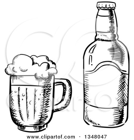 Clipart of a Black and White Sketched Beer Mug and Bottle - Royalty Free Vector Illustration by Vector Tradition SM