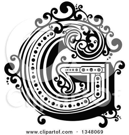 Clipart of a Retro Black and White Capital Letter G with Flourishes - Royalty Free Vector Illustration by Vector Tradition SM