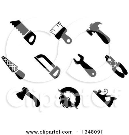 Clipart of Black and White Claw Hammer, Wrench, Pliers, Axe, Paintbrush, Hand Saw, Flat Rasp, Hacksaw and Jack Plane Hand Tools - Royalty Free Vector Illustration by Vector Tradition SM
