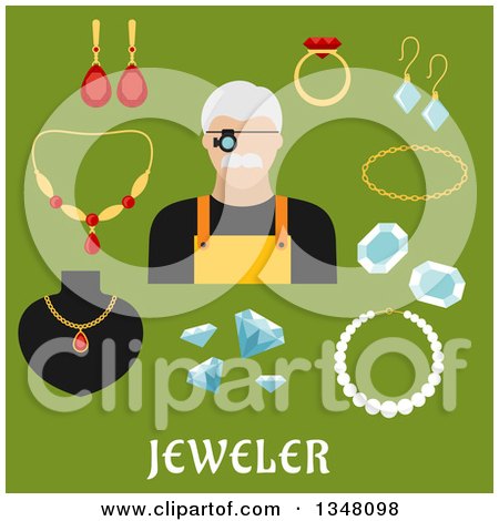 Clipart of a Flat Design Male Jeweler and Jewelery with Text on Green - Royalty Free Vector Illustration by Vector Tradition SM