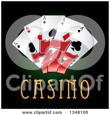 Clipart of Playing Cards and Lucky Sevens over Casino Text on Dark Green and Black - Royalty Free Vector Illustration by Vector Tradition SM
