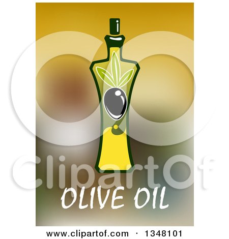 Clipart of a Green Bottle of Olive Oil over Text and Blur - Royalty Free Vector Illustration by Vector Tradition SM