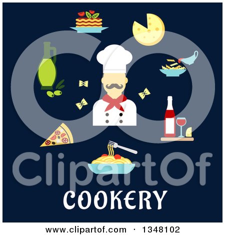 Clipart of a Flat Design Male Chef Avatar with Food over Text on Navy Blue - Royalty Free Vector Illustration by Vector Tradition SM
