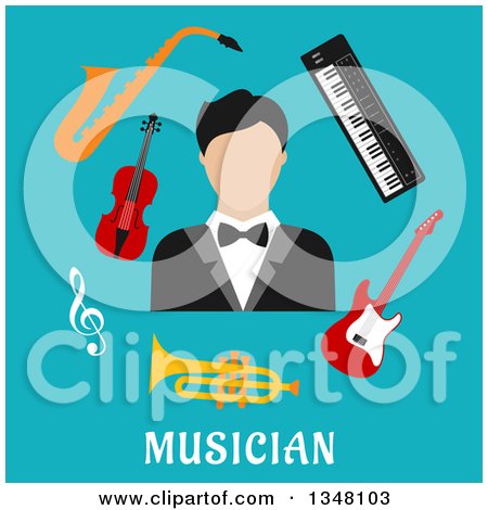 Clipart of a Flat Design Male Musician with Instruments over Text on Blue - Royalty Free Vector Illustration by Vector Tradition SM