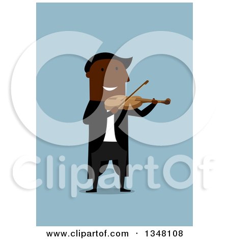 Clipart of a Flat Design Black Man Playing a Violin, on Blue - Royalty Free Vector Illustration by Vector Tradition SM