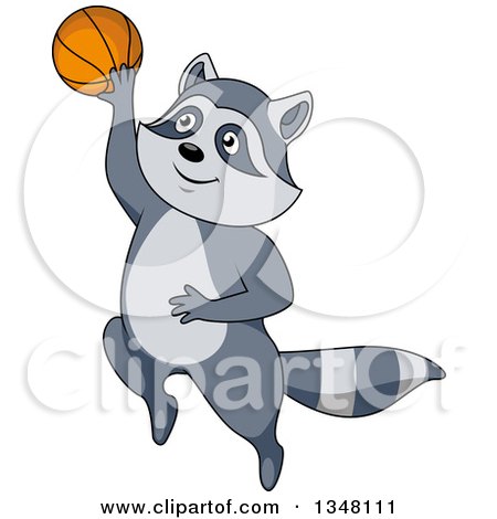 Clipart of a Cartoon Raccoon Jumping and Shooting a Basketball - Royalty Free Vector Illustration by Vector Tradition SM