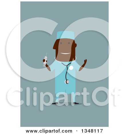 Clipart of a Flat Design Black Male Surgeon in Scrubs, on Blue - Royalty Free Vector Illustration by Vector Tradition SM