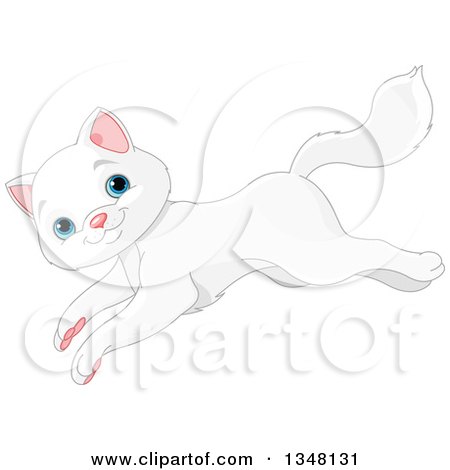 Clipart of a Cute Blue Eyed White Cat Jumping to the Left - Royalty Free Vector Illustration by Pushkin