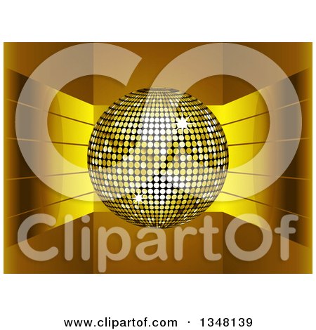 Clipart of a 3d Gold Disco Ball over Shiny Curving Stripes - Royalty Free Vector Illustration by elaineitalia