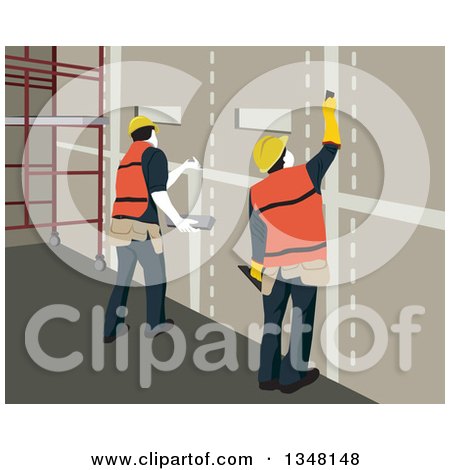 Clipart of Team of Construction Workers Working on Drywall - Royalty Free Vector Illustration by David Rey