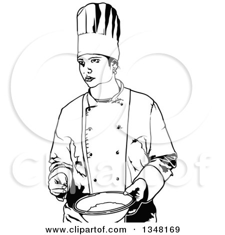 Clipart of a Black and White Female Chef Holding a Bowl - Royalty Free Vector Illustration by dero