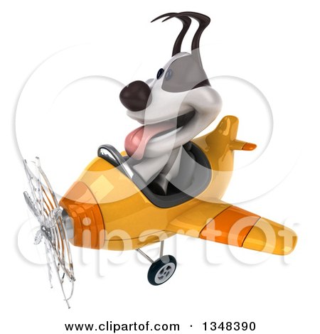 Clipart of a 3d Jack Russell Terrier Dog Aviator Pilot Flying a Yellow Airplane to the Left - Royalty Free Illustration by Julos