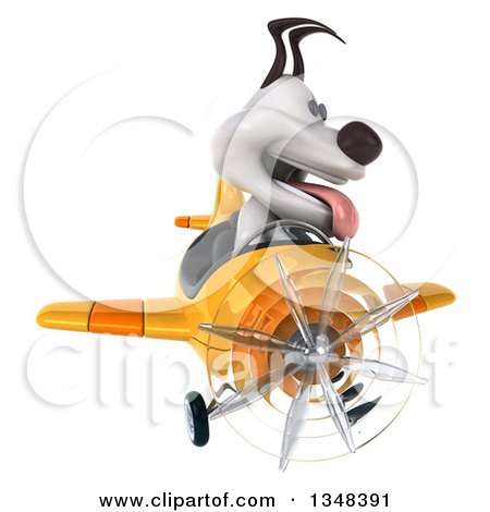 Clipart of a 3d Jack Russell Terrier Dog Aviator Pilot Flying a Yellow Airplane - Royalty Free Illustration by Julos