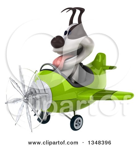 Clipart of a 3d Jack Russell Terrier Dog Aviator Pilot Flying a Green Airplane to the Left - Royalty Free Illustration by Julos