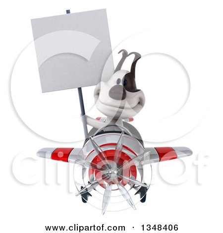 Clipart of a 3d Jack Russell Terrier Dog Aviator Pilot Holding a Blank Sign and Flying a White and Red Airplane to the Left - Royalty Free Illustration by Julos