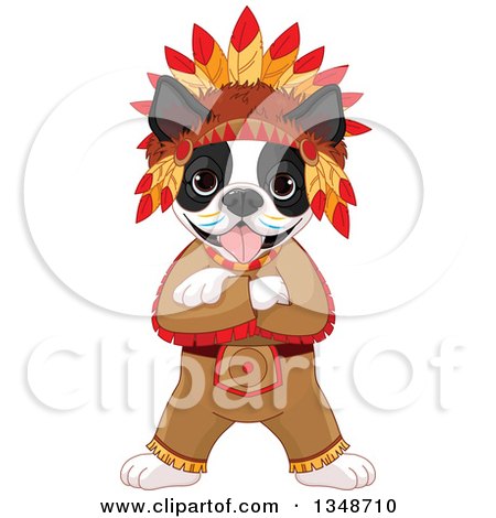 Clipart of a Cartoon Cute Native American Indian Boston Terrier Dog - Royalty Free Vector Illustration by Pushkin