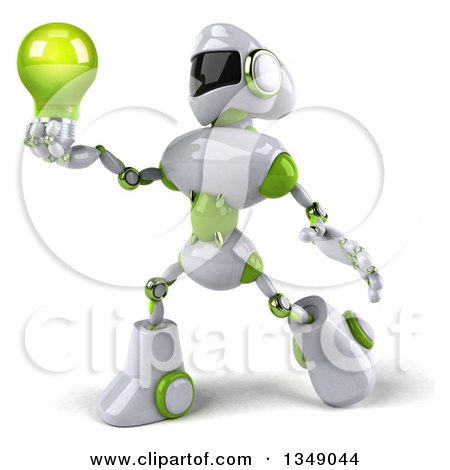 Clipart of a 3d White and Green Robot Facing Left and Holding a Light Bulb - Royalty Free Illustration by Julos