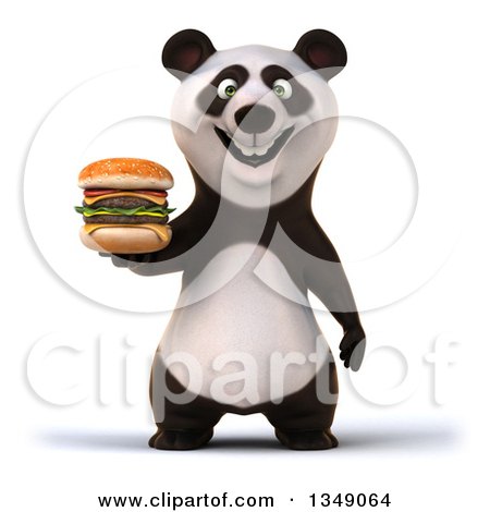 Clipart of a 3d Happy Panda Holding a Double Cheeseburger - Royalty Free Illustration by Julos