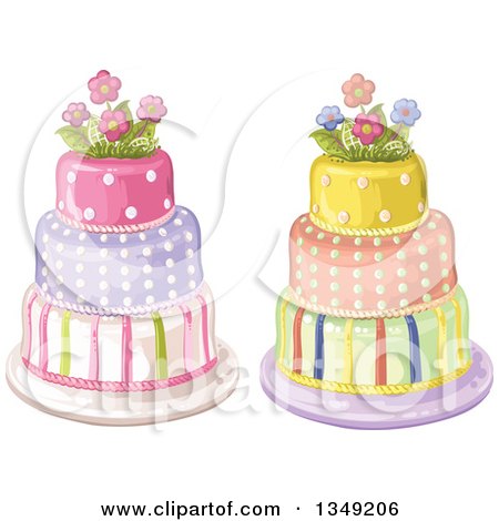 Clipart of Beautiful Three Tiered Striped and Polka Dot Birthday Cakes Topped with Flowers - Royalty Free Vector Illustration by merlinul