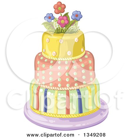 Clipart of a Beautiful Three Tiered Striped and Polka Dot Birthday Cake with Flowers - Royalty Free Vector Illustration by merlinul