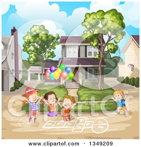 Clipart of a Group of Happy Caucasian Children Playing Hop Scotch on a Neighborhood Street - Royalty Free Vector Illustration by merlinul