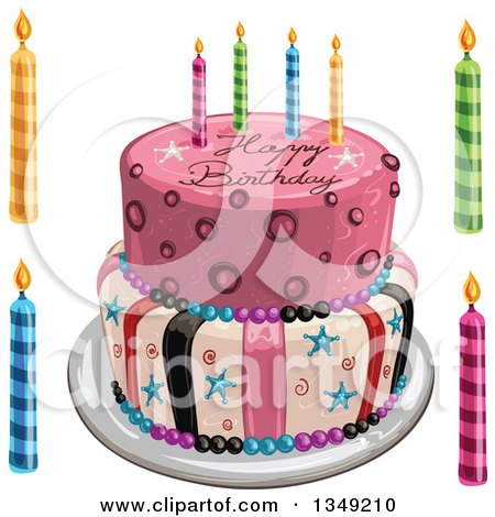 Clipart of a Funky Two Tiered Cake with Stars, Stripes, Candles and Happy Birthday Text, Candles on the Side - Royalty Free Vector Illustration by merlinul