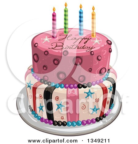 Clipart of a Funky Two Tiered Cake with Stars, Stripes, Candles and Happy Birthday Text - Royalty Free Vector Illustration by merlinul