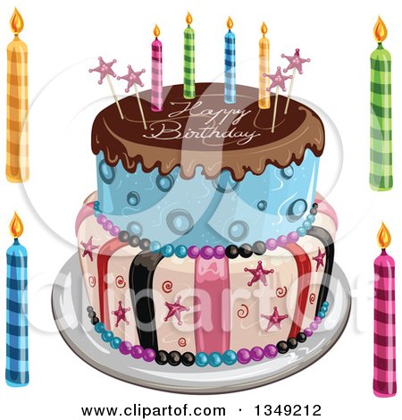 Clipart of a Funky Two Tiered Cake with Stars, Stripes, Candles, Chocolate Frosting over Blue and Happy Birthday Text, Candles on the Side - Royalty Free Vector Illustration by merlinul