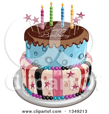 Clipart of a Funky Two Tiered Cake with Stars, Stripes, Candles, Chocolate Frosting over Blue and Happy Birthday Text - Royalty Free Vector Illustration by merlinul