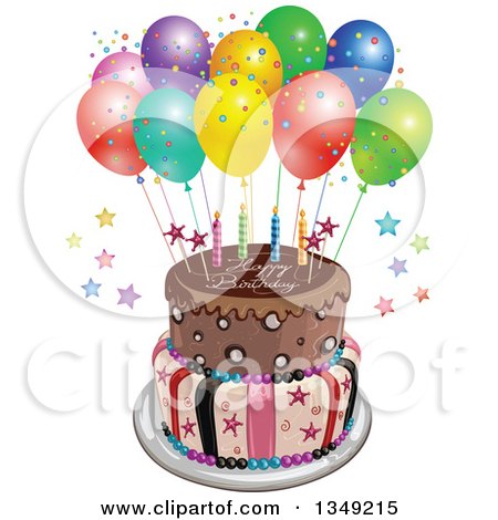 Clipart of a Funky Two Tiered Cake with Stars, Stripes, Candles, Party Balloons and Happy Birthday Text - Royalty Free Vector Illustration by merlinul