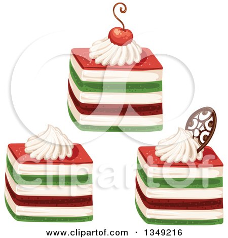 Clipart of Red Cream and Green Layered Cakes Garnished with a Cherry, Cream and Chocolate - Royalty Free Vector Illustration by merlinul