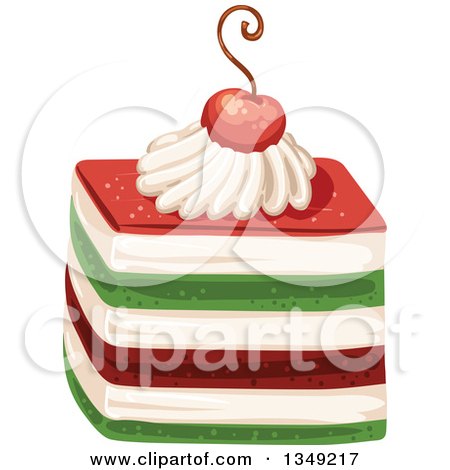 Clipart of a Red Cream and Green Layered Cake Garnished with a Cherry - Royalty Free Vector Illustration by merlinul
