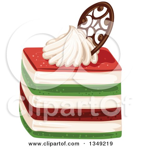 Clipart of a Red Cream and Green Layered Cake Garnished with Cream and Cholate - Royalty Free Vector Illustration by merlinul