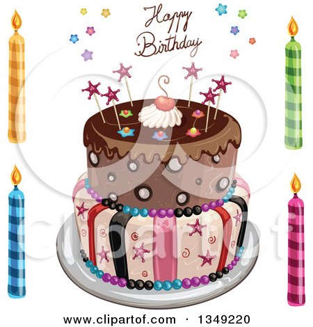Clipart of a Funky Two Tiered Cake with Stars, Stripes, and Happy Birthday Text, Candles on the Side - Royalty Free Vector Illustration by merlinul