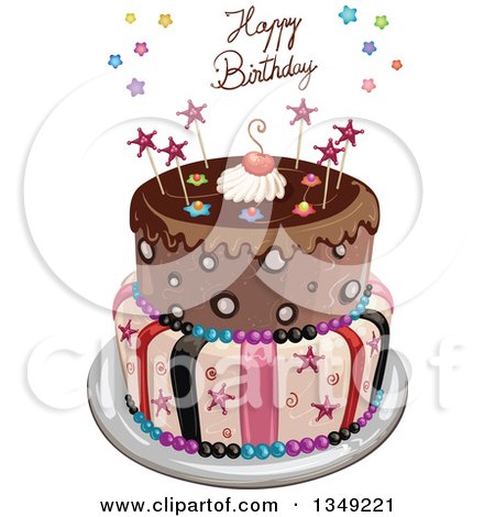 Clipart of a Funky Two Tiered Cake with Stars, Stripes, and Happy Birthday Text - Royalty Free Vector Illustration by merlinul