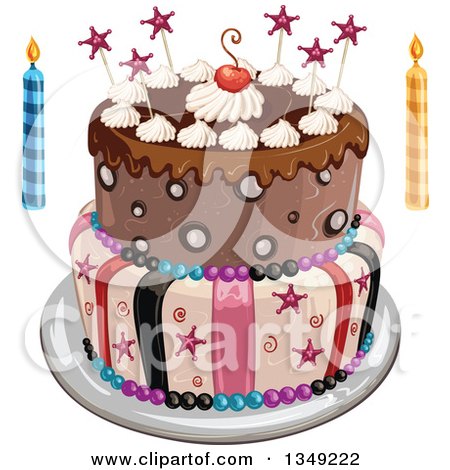 Clipart of a Funky Two Tiered Birthday Cake with Stars, Stripes, and a Cherry, Candles on the Side - Royalty Free Vector Illustration by merlinul