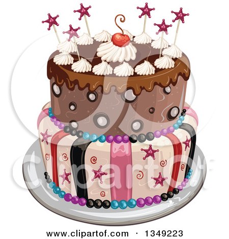 Clipart of a Funky Two Tiered Birthday Cake with Stars, Stripes, and a Cherry - Royalty Free Vector Illustration by merlinul