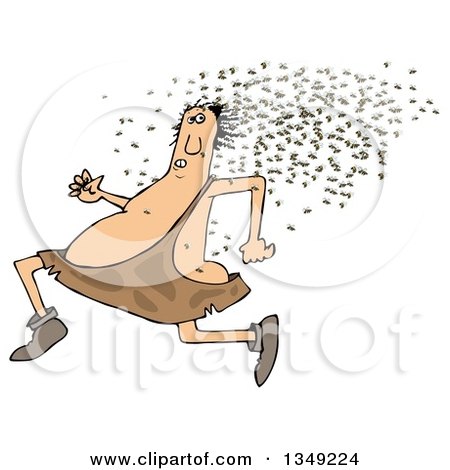 Clipart of a Cartoon Chubby Caveman Running from a Swarm of Bees - Royalty Free Illustration by djart