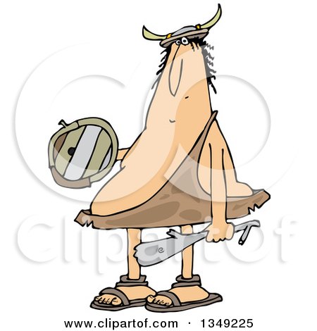 Clipart of a Cartoon Chubby Caveman Warrior Holding a Club and Shield - Royalty Free Vector Illustration by djart