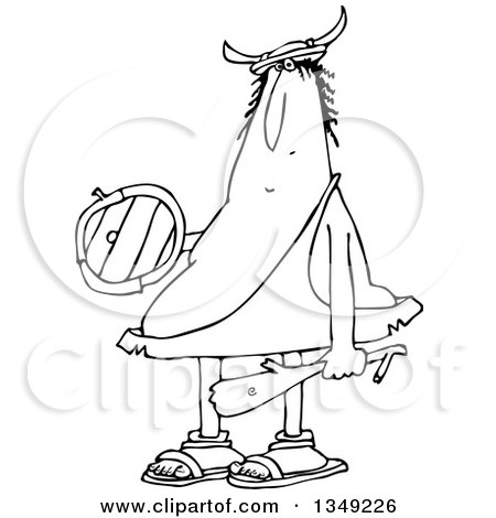 Outline Clipart of a Cartoon Black and White Chubby Caveman Warrior Holding a Club and Shield - Royalty Free Lineart Vector Illustration by djart