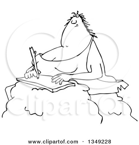 Outline Clipart of a Cartoon Black and White Chubby Cave Woman Writing on a Boulder - Royalty Free Lineart Vector Illustration by djart