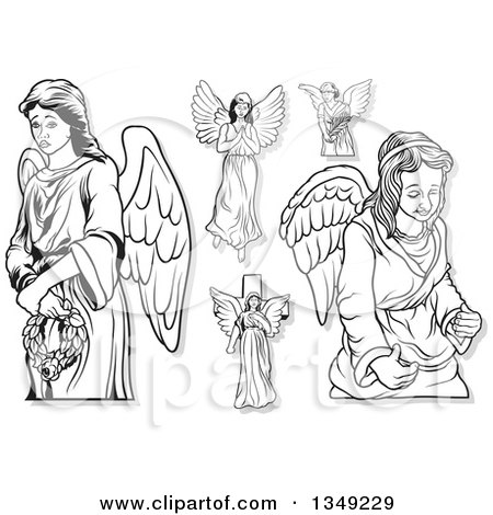 Clipart of Black and White Female Angels with Shadows - Royalty Free Vector Illustration by dero