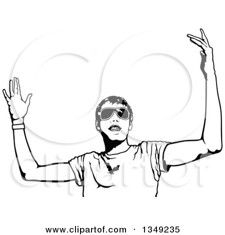 Clipart of a Black and White Dancing Young Man Wearing Sunglasses at a Party - Royalty Free Vector Illustration by dero