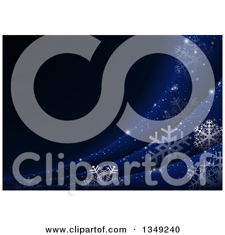 Clipart of a Midnight Blue Christmas Background of Snowflakes and Sparkles - Royalty Free Vector Illustration by dero